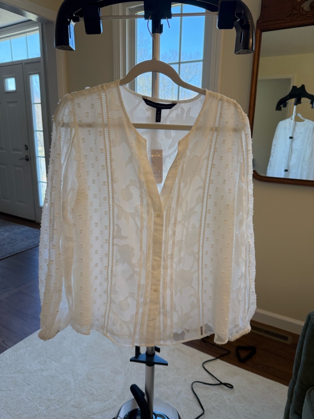 White House Black Market Sheer White V-Neck Dot & Floral Blouse